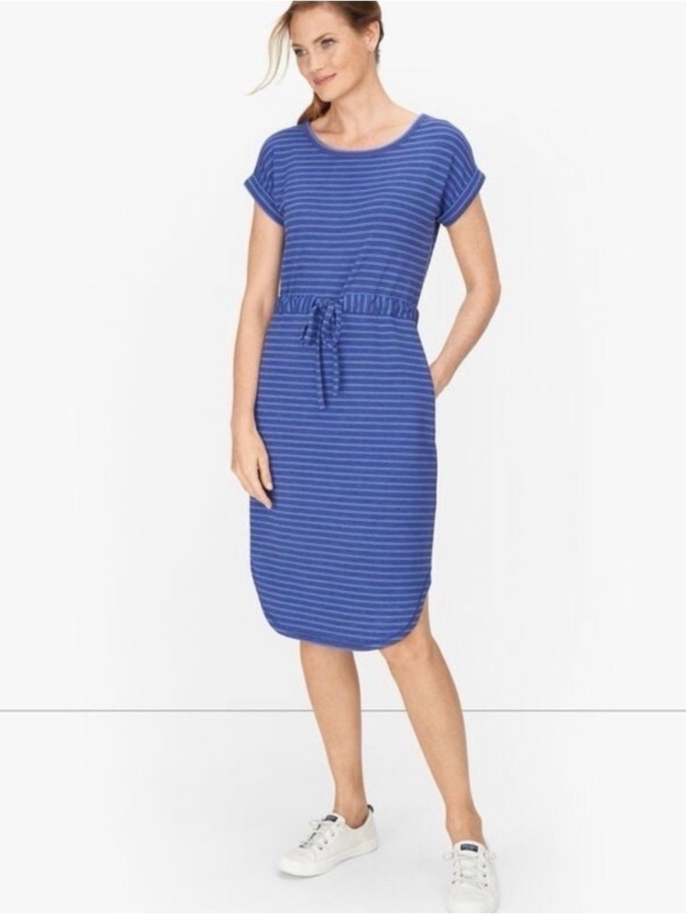 T by Talbots striped drawstring t shirt dress blue stripe S